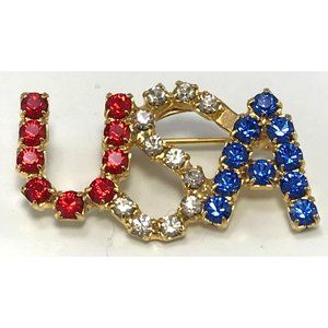 Vintage Gold Tone USA Patriotic Rhinestone Brooch Red White & Blue